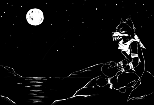anthro arm_wraps black_and_white black_body black_fur canid canine crossed_legs fangs fox fur hand_wraps mac_(macmegagerc) macmegagerc male mammal monochrome moon scarf sea simple_background sitting sky solo star starry_sky water wraps // 1170x796 // 86.4KB