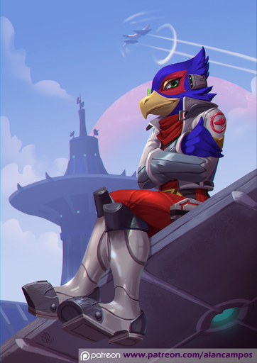 2017 alanscampos anthro avian beak biped bird blue_body blue_feathers clothed clothing crossed_arms day detailed_background falco_lombardi feathers green_eyes hi_res male outside sitting sky smile solo video_games // 1414x2000 // 1.0MB