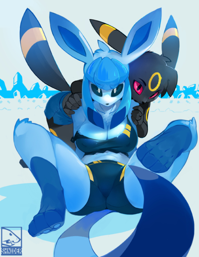 2022 4_toes 5_fingers absurd_res anthro breasts cleavage clothed clothing duo eeveelution feet female fingers glaceon hi_res looking_at_viewer midriff pawpads pokemon_(species) shnider toes umbreon video_games // 2090x2693 // 3.9MB