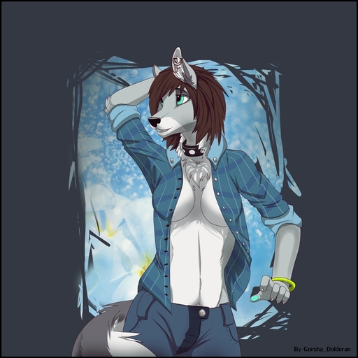 1:1 anthro canid canine clothed clothing collar ear_piercing female gorsha_pendragon mammal open_clothing open_shirt open_topwear piercing shirt skimpy solo topwear unbuttoned_shirt watermark // 1008x1008 // 373.5KB