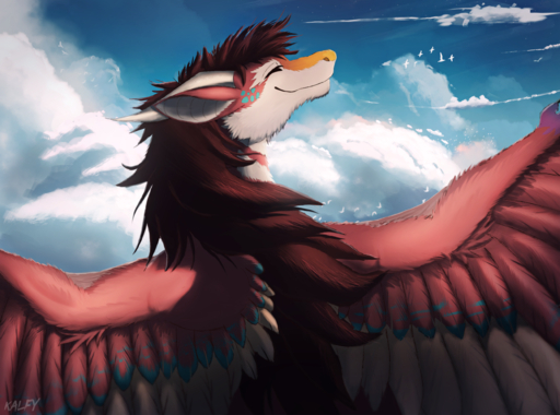 2019 absurd_res brown_hair day detailed_background digital_media_(artwork) dragon eyes_closed feathered_dragon feathered_wings feathers fur furred_dragon hair hi_res kalfy outside red_body red_feathers sky solo wings // 5250x3897 // 17.0MB