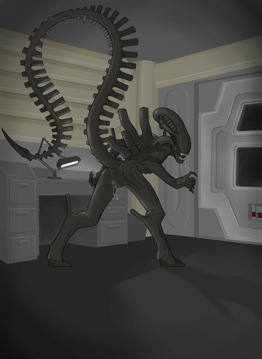 2020 absurd_res airlock alien alien_(franchise) anus bodily_fluids detailed_background digital_media_(artwork) drooling fangs female furniture genital_fluids genitals hi_res lamp looking_at_viewer looking_back open_mouth pussy pussy_juice raised_tail saliva solo turned_around xenomorph xenopera xenophilia // 2992x4096 // 432.8KB