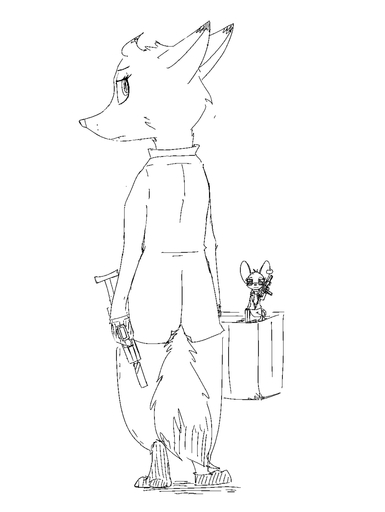 anthro barefoot briefcase canid canine clothed clothing duo ear_piercing eyewear fan_character feet female fox frown gun hi_res looking_at_viewer looking_back mammal melody_(zhanbow) monochrome mouse murid murine piercing ranged_weapon rodent rosie_(zhanbow) size_difference smile submachine_gun suit sunglasses weapon zhanbow // 1044x1388 // 65.2KB