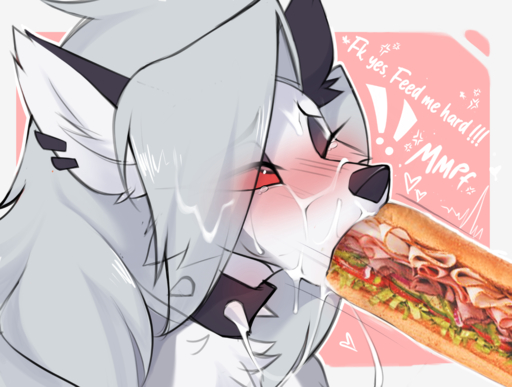 2021 absurd_res anthro blush canid canid_demon choker conditional_dnp demon english_text female food hellhound hi_res humor jewelry loona_(helluva_boss) loonanudes mammal mayonnaise necklace red_sclera sandwich_(food) submarine_sandwich text // 4619x3493 // 7.4MB