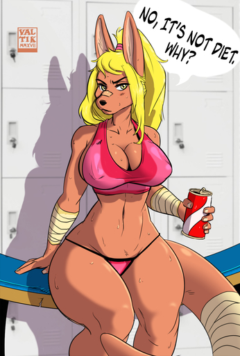 2018 anthro arm_wraps bandage beverage big_breasts bluedraggy blush bodily_fluids breasts cleavage clothed clothing dialogue english_text female hair hi_res kangaroo looking_at_viewer macropod mammal marsupial nipple_outline roo_(valtik) soda solo sweat talking_to_viewer text thick_thighs valtik wide_hips wraps // 1015x1500 // 722.0KB