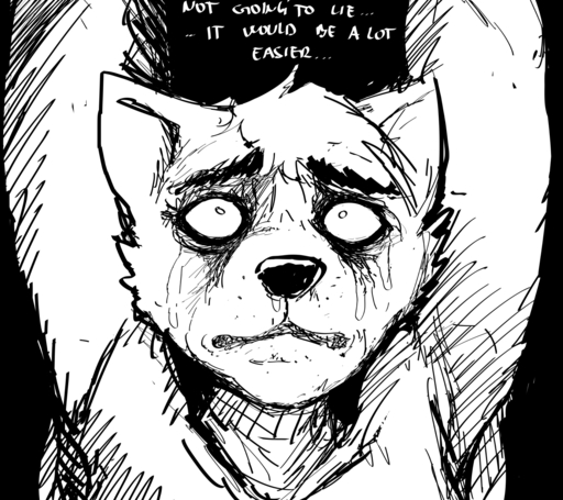 2020 anthro bags_under_eyes black_and_white bodily_fluids canid canine canis comic crying daniel_(hladilnik) english_text hi_res hladilnik male mammal monochrome scared sketch solo tears text wolf // 1440x1280 // 311.1KB