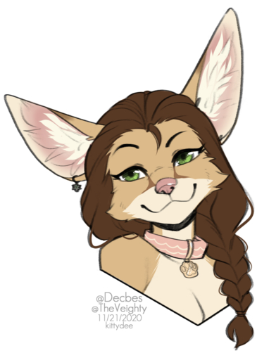 2020 anthro braided_hair breasts brown_hair canid canine collar digital_media_(artwork) eyebrows eyelashes female fennec fox hair headshot_portrait kittydee mammal pink_nose portrait smile solo vulpes // 746x1000 // 362KB