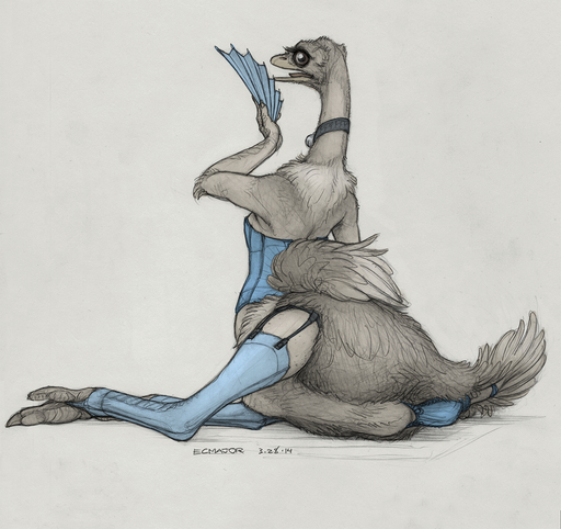 2014 anthro avian avian_taur beak bell bell_collar bird bird_feet bird_taur clothed clothing collar corset ecmajor eyelashes feathered_wings feathers female furgonomics grey_background hand_fan leggings legwear lingerie long_neck looking_at_viewer looking_back lying on_side open_beak open_mouth ostrich panties ratite simple_background skimpy solo tail_feathers taur thigh_highs topwear underwear wings // 1041x981 // 1.4MB