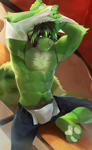 abs absurd_res ailurid anthro armpit_hair bakemonoy biceps biped body_hair bottomwear boxer_briefs boxers_(clothing) bulge chest_hair clothed clothing denim denim_clothing digital_media_(artwork) fur green_body green_fur green_skin hair hi_res jeans locker_room male mammal muscular muscular_anthro muscular_male pants pawpads paws pecs pubes rayley_(character) red_panda shirt sitting solo topless topwear tuft unbuttoned underwear undressing unzipped white_clothing white_underwear zipper // 1934x3152 // 5.3MB