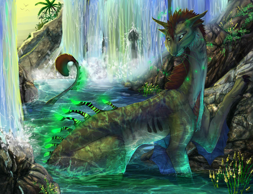 araivis-edelveys brown_hair claws detailed_background feral fur grey_body grey_fur hair nude outside partially_submerged sitting solo unknown_species water waterfall white_eyes // 1300x1000 // 237.1KB