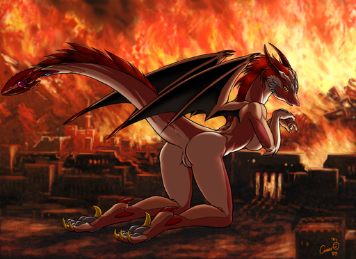 anus ass breasts dr_comet dragon dragoness fire giantess highres looking_back monster_girl pussy raised_tail scalie sideboob solo tail uncensored wings // 1600x1164 // 527.7KB