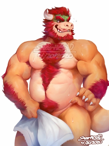 3:4 anthro beard body_hair bowser chest_hair claws covering eyebrows facial_hair hi_res koopa male mario_bros mustache nintendo nude pubes pubes_exposed reptile scalie shell-less snartles solo thick_eyebrows towel video_games // 1500x2000 // 257.7KB