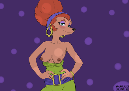 2021 anthro areola biped breasts canid canine clothing color_edit colored ear_piercing ear_ring edit female green_eyes hair mammal nipples piercing red_hair sabrotiger solo sylvia_marpole // 1530x1080 // 293.9KB