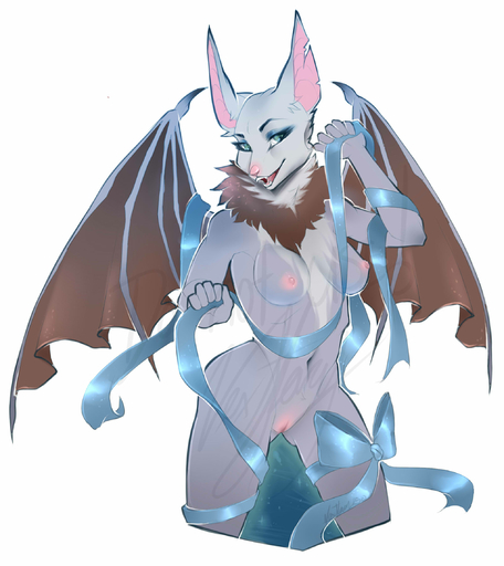2015 anthro big_ears big_eyes bound breasts chest_tuft chiropteran ellise_the_bat fangs female fluffy fur genitals green_eyes grey-headed_flying_fox grey_body grey_fur hi_res looking_at_viewer mammal membrane_(anatomy) membranous_wings nipples nude open_mouth paws pteropodid pussy restrained ribbons small_breasts smile solo spread_wings submissive submissive_female tuft vexstacy wings // 2039x2290 // 296.9KB