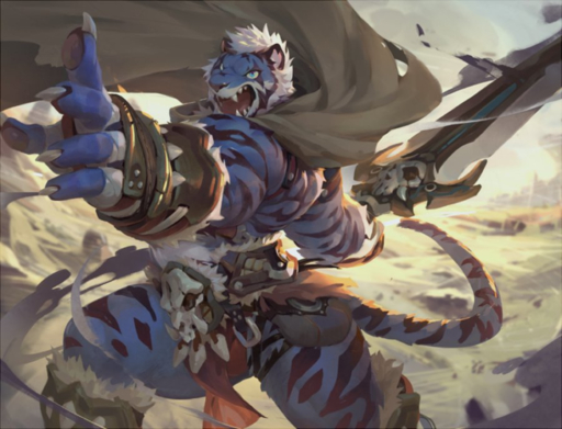 2017 5_fingers anthro claws fangs felid fingers fur hair male mammal markings melee_weapon muscular muscular_anthro muscular_male null-ghost open_mouth pantherine solo standing striped_body striped_fur striped_markings striped_tail stripes sword tail_markings teeth tiger weapon white_hair // 900x688 // 904.2KB