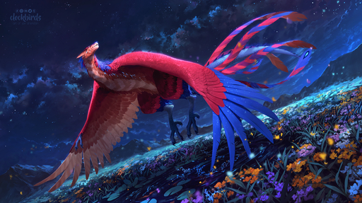 2019 blue_body blue_feathers claws clockbirds detailed_background digital_media_(artwork) dragon feathered_wings feathers feral flower flying grass hi_res night outside plant red_body red_feathers sky star starry_sky wings wyvern // 1600x897 // 2.1MB