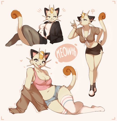 absurd_res anthro blep bottomwear breasts business_suit clothed clothing crop_top curled_tail cute_fangs felid feline female footwear fully_clothed hand_on_hip hi_res hotpants jacket legwear mammal meowth midriff necktie pokemon_(species) shirt shoes shorts simple_background sitting skirt socks solo spuydjeks stockings suit tail_through_skirt thigh_highs tongue tongue_out topwear video_games whiskers white_background // 3000x3100 // 4.7MB