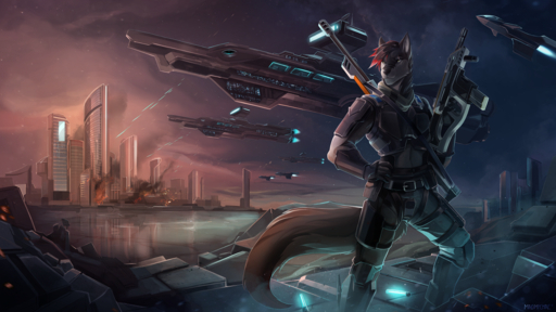 16:9 2019 anthro canid canine canis city clothed clothing detailed_background digital_media_(artwork) domestic_dog futuristic gun hi_res holding_gun holding_object holding_weapon male mammal mindmachine ranged_weapon solo standing war weapon widescreen // 1600x900 // 2.2MB