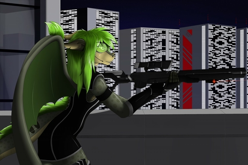 5_fingers anthro clothed clothing dragon female fingers green_eyes green_hair gun hair holding_gun holding_object holding_weapon membrane_(anatomy) membranous_wings ranged_weapon solo tales_foxdale weapon wings // 1280x853 // 191.5KB