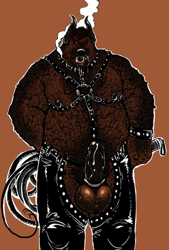 accessory anthro balls big_balls bodily_fluids body_hair canid canine canis chaps chest_hair cigar clothing cock_ring cum cum_drip demon domestic_dog dramamine dripping ear_piercing erection genital_fluids genitals hair_on_shoulder hairy_arms hairy_belly harness hi_res jewelry leather leather_clothing leather_harness leather_straps looking_at_viewer male mammal nipple_piercing nipples overweight overweight_male penis penis_accessory penis_jewelry piercing red_eyes smoke smoking smoking_cigar solo vein veiny_penis whip // 864x1280 // 224.4KB