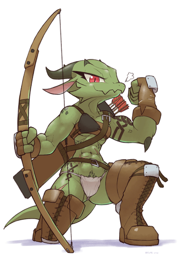 2021 4_fingers abs anthro armor arrow_(weapon) bandeau boots bow_(weapon) breastplate breasts clothed clothing dated fangs female fingerless_gloves fingers flexing footwear gloves green_body green_scales handwear hi_res holding_object holding_weapon horn kemono kneeling kobold looking_at_viewer muscular muscular_anthro muscular_female on_one_knee pink_inner_ear quiver ranged_weapon red_eyes sat_v12 scales scalie scar signature skimpy_armor small_breasts solo tattoo topwear translated_description unconvincing_armor under_boob underwear weapon // 1414x2000 // 860.2KB