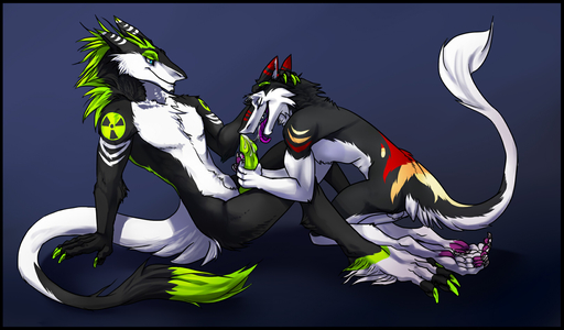 anthro anthro_on_anthro balls black_border bodily_fluids border collaboration cum cum_in_mouth cum_inside duo erection genital_fluids genitals green_penis gustav handjob hi_res male malemale nebby_(nebb) open_mouth paws penile penis sergal sex tongue tongue_out zetsin // 1617x948 // 466.6KB