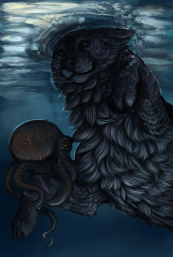 2015 black_body black_fur black_nose canid canine cephalopod coleoid day detailed_background digital_media_(artwork) duo feral fur hi_res mammal marine mollusk octopodiform outside partially_submerged purple_eyes shwonky // 1350x2000 // 2.0MB