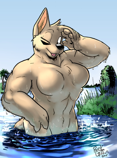 2015 abs anthro biceps big_muscles breasts canid canine canis digital_media_(artwork) domestic_dog featureless_breasts female fur mammal muscular muscular_anthro muscular_female one_eye_closed partially_submerged rick_griffin solo water wet wink // 562x758 // 440KB