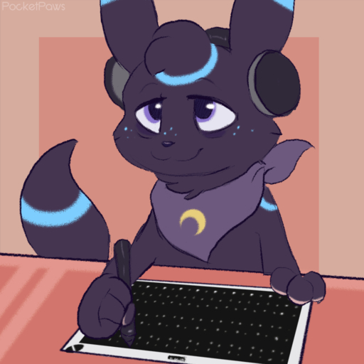 1:1 2019 2d_animation alternate_color amaya_(chezamoon18) animated anthro bandanna clothing dancing desk digital_media_(artwork) drawing drawing_tablet eeveelution fan_character female frame_by_frame freckles furniture half-closed_eyes headphones kerchief narrowed_eyes nintendo pocketpaws pokemon pokemon_(species) scarf shiny_pokemon short_playtime simple_background smile solo tired umbreon video_games working // 1018x1018 // 540.7KB