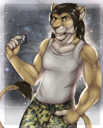 2017 5_fingers anthro brown_eyes brown_hair brown_nose clothed clothing digital_media_(artwork) eyebrows felid fingers hair hi_res lion looking_at_viewer male mammal muscular muscular_anthro muscular_male padjetxharrington pantherine solo // 1031x1280 // 223KB