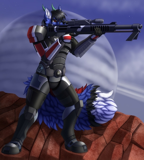 2019 5_fingers anthro black_hair blue_body blue_fur canid canine detailed_background digital_media_(artwork) fingers fox fur gun hair hi_res male mammal ranged_weapon red_eyes rifle solo tales_foxdale weapon // 1152x1280 // 229.2KB