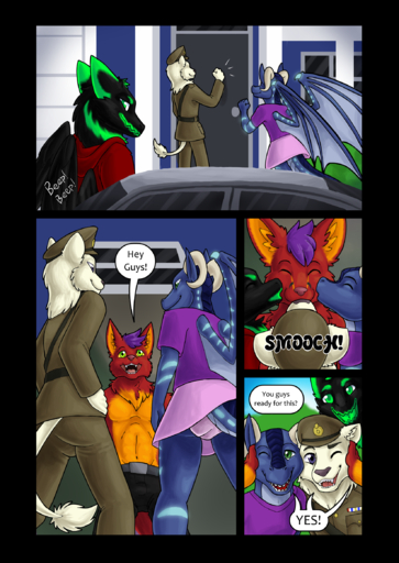 anthro butt canid canine clothed clothing comic crossdressing digital_media_(artwork) dragon eyes_closed felid fox fur fuzzdrake101 hair hi_res kissing lion male malemale mammal nivek pantherine red_body red_fur smile topwear underwear // 1650x2325 // 2.2MB
