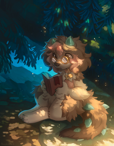 2022 4_fingers 4_toes ambiguous_gender anthro book brown_body brown_fur brown_hair canid canine canis detailed_background digital_media_(artwork) domestic_dog feet fingers forest fur hair hi_res hioshiru holding_book holding_object hybrid mammal night outside plant sitting solo toes tree // 994x1280 // 1.9MB