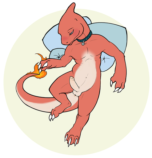 anthro anus bed biped blush charmeleon collar digital_media_(artwork) erection eyes_closed fire flaming_tail foreskin furniture genitals humanoid_genitalia humanoid_penis lying male navel nude on_back orange_body orange_skin partially_retracted_foreskin paws penis pillow pokemon_(species) presenting reptile scalie sleeping solo thesecretcave uncut video_games // 800x829 // 247.8KB