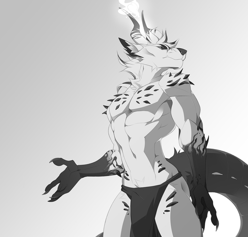 2019 5_fingers anthro black_markings black_nose bottomwear canid canine clothing digital_media_(artwork) dragon fingers fur gradient_background greyscale hi_res horn hybrid kodashi loincloth male mammal markings monochrome muscular muscular_anthro muscular_male navel simple_background solo white_background white_body white_fur wingless_dragon // 1259x1200 // 400.1KB