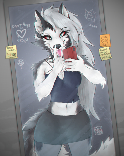 1oi 2019 5_fingers absurd_res anthro bottomwear breasts canid canid_demon canine canis clothed clothing collar conditional_dnp cunnilingus_gesture demon english_text female fingers fur gesture grey_hair hair hellhound helluva_boss hi_res holding_object holding_phone long_hair looking_at_viewer loona_(vivzmind) mammal mirror phone red_sclera selfie skirt solo spiked_collar spikes suggestive suggestive_gesture text tongue tongue_out white_body white_eyes white_fur wolf // 2016x2550 // 5.5MB