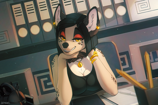 2018 3:2 anthro bedroom_eyes black_hair brown_nose canid canine clothed clothing detailed_background digital_media_(artwork) ear_piercing female hair iskra looking_at_viewer mammal narrowed_eyes piercing seductive smile solo wilma_betzen yellow_eyes // 900x600 // 656KB