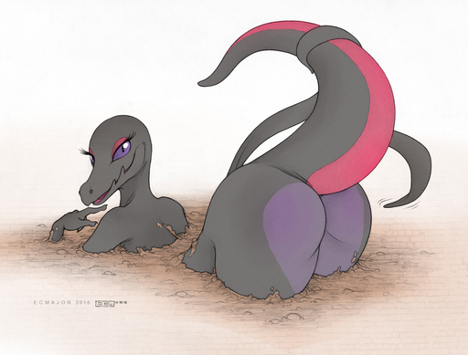 2017 anthro anthrofied ass_up big_butt butt color_edit colored ecmajor edit english_text eyelashes female lizard looking_at_viewer looking_back mud nintendo nude pawtsun pokemon pokemon_(species) pokemorph presenting presenting_hindquarters raised_tail reptile salazzle scalie signature smile solo text traditional_media_(artwork) video_games // 1496x1138 // 1.9MB