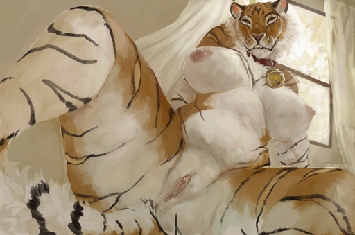 anthro anus bell bell_collar big_breasts breasts clitoris collar conditional_dnp curvy_figure felid female genitals hervy_(uchoa) looking_at_viewer mammal nipples nude oouna pantherine pussy solo spread_legs spreading tiger voluptuous whiskers // 1280x847 // 175.5KB