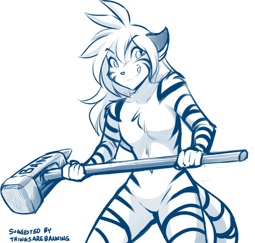 2019 alternate_version_at_source antenna_hair anthro banhammer blue_and_white breasts casual_nudity chest_tuft conditional_dnp featureless_breasts featureless_crotch felid female flora_(twokinds) fur hair hammer hi_res holding_object holding_weapon keidran licking licking_lips looking_aside mammal monochrome navel nude pantherine simple_background sketch sledgehammer small_breasts smile smirk solo striped_body striped_fur stripes tiger tom_fischbach tongue tongue_out tools tuft twokinds weapon webcomic webcomic_character white_background // 1275x1215 // 418.9KB