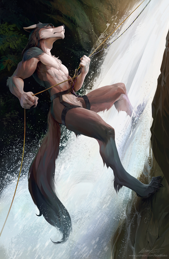2019 4_toes 5_fingers anthro barefoot biped black_nose blue_eyes bonifasko canid canine canis canyoning digital_media_(artwork) digitigrade feet fingers male mammal mostly_nude muscular muscular_anthro muscular_male rakan scar solo toes wolf // 651x1000 // 445.1KB