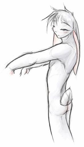 anthro biped blush butt fur grey_eyes guide_lines lagomorph leporid long_ears looking_aside male mammal monochrome nude outstretched_arms rabbit side_view sneakerfox solo standing white_body white_fur // 424x739 // 98.4KB