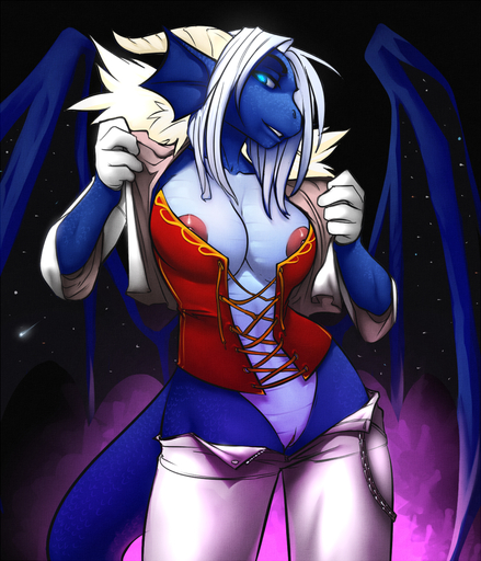 2010 areolae blue_eyes blue_skin breasts chains cleavage corset dragon dragoness faint female fur horns kirianna large_breasts midriff navel night nipples open_clothes open_shirt original_character pussy scalie shirt short_hair sky smile solo stars tail undressing white_hair wings // 857x1000 // 1.1MB