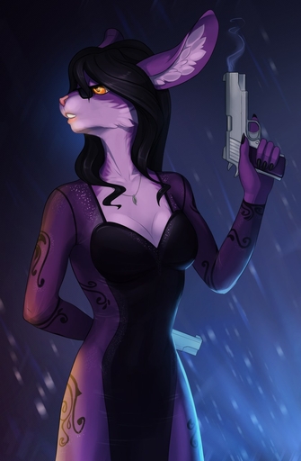 2017 5_fingers anthro black_hair breasts clothed clothing digital_media_(artwork) female fingers gun hair hi_res holding_gun holding_object holding_weapon lagomorph leporid lynncore mammal rabbit ranged_weapon solo standing weapon yellow_eyes // 837x1280 // 132.4KB