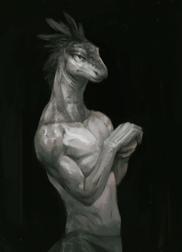 anthro biped black_background clothed clothing digital_media_(artwork) feathers fingers greyscale hi_res klongi lizard male monochrome muscular muscular_anthro muscular_male reptile scalie simple_background solo standing // 925x1280 // 99.3KB