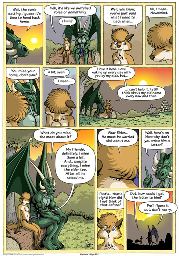 abs anthro axe biceps big_horn big_wings blue_eyes bodily_fluids bottomwear brown_body brown_eyes brown_fur canid canine canis cloth clothed clothing comic dialogue dragon english_text farin fluffy fluffy_tail forest fox fur geminisaint grass green_body green_scales hi_res horn larger_anthro larger_male loincloth long_tail male mammal melee_weapon membrane_(anatomy) membranous_wings multicolored_body multicolored_fur muscular muscular_anthro muscular_male nature navel nipples onomatopoeia orange_body orange_fur outside pecs plant scales scalie sekk'ral serratus shrub sitting size_difference smaller_anthro smaller_male smile snout sound_effects speech_bubble sun sweat talking_to_another teeth text tongue topless tree tribal tribal_clothing underwear water weapon white_body white_fur white_horn wings wood // 896x1280 // 622.9KB