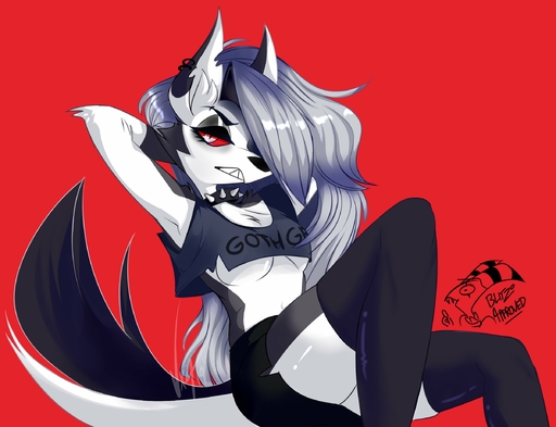 anthro black_body black_fur blitzo_(vivzmind) breasts canid canid_demon clothed clothing demon duo ear_piercing english_text fangs female fluffy fluffy_tail fur glistening glistening_legs hair hellhound helluva_boss hi_res horn imp loona_(vivzmind) male mammal open_mouth partially_clothed piercing red_sclera shirt simple_background text text_on_clothing text_on_shirt text_on_topwear topwear under_boob vexazygote white_body white_eyes white_fur // 2404x1844 // 266.5KB