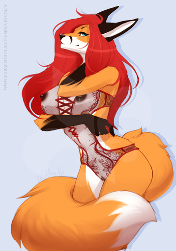 2016 absurd_res anthro areola big_breasts breasts canid canine clothing female fox genitals hair half-closed_eyes hi_res lingerie long_hair looking_at_viewer mammal narrowed_eyes nipples pussy red_hair samantha_arrow simple_background smile solo translucent translucent_clothing vexstacy // 2794x4000 // 857.0KB