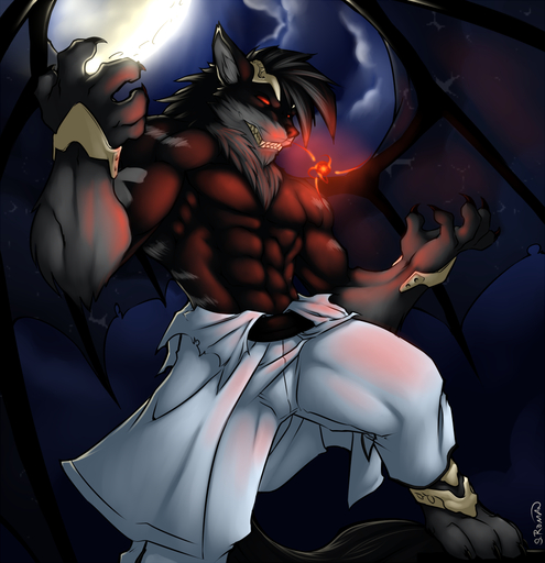 abs anthro biceps biped black_body black_fur bottomwear canid canine canis claws clothed clothing colored demon faint fangs flexing fur glowing glowing_eyes magic male mammal membrane_(anatomy) membranous_wings moon muscular muscular_anthro muscular_male night outside pants pecs pose red_eyes sky solo standing topless torn_clothing transformation wings wolf // 1000x1034 // 1.1MB