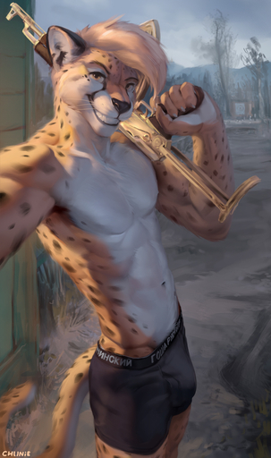 2019 ak-47 aks-47 anthro assault_rifle athletic athletic_anthro athletic_male black_spots bulge cheetah chunie clothed clothing cyrillic_text detailed_background digital_media_(artwork) felid feline fur gun hi_res holding_gun holding_object holding_weapon looking_at_viewer male mammal outside ranged_weapon rifle russian_text selfie smile solo spots standing text text_on_clothing text_on_underwear toothy_grin topless translation_request underwear weapon whiskers white_body white_fur yellow_body yellow_fur // 757x1280 // 423.4KB